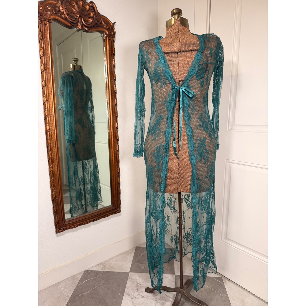 Avidlove Teal Green Sheer Floral Lace Maxi Robe Long Sleeve Front Tie Small